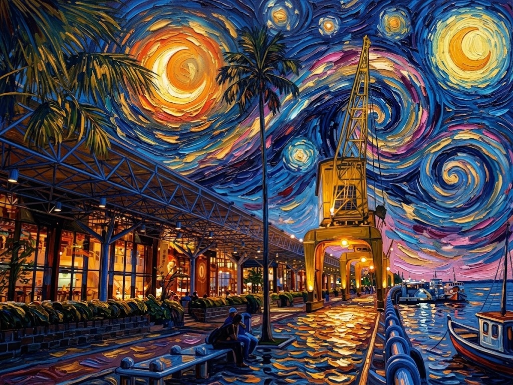 Pintura expressionista noturna da Estação das Docas com os guindastes históricos amarelos e o céu estrelado em espirais sobre a Baía do Guajará em Belém do Pará
